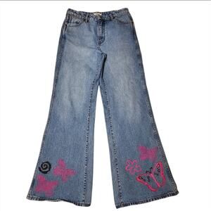 Wrangler Customized Bonnie Loose Flare Med Wash Jeans Butterfly Flowers Sz 27x32